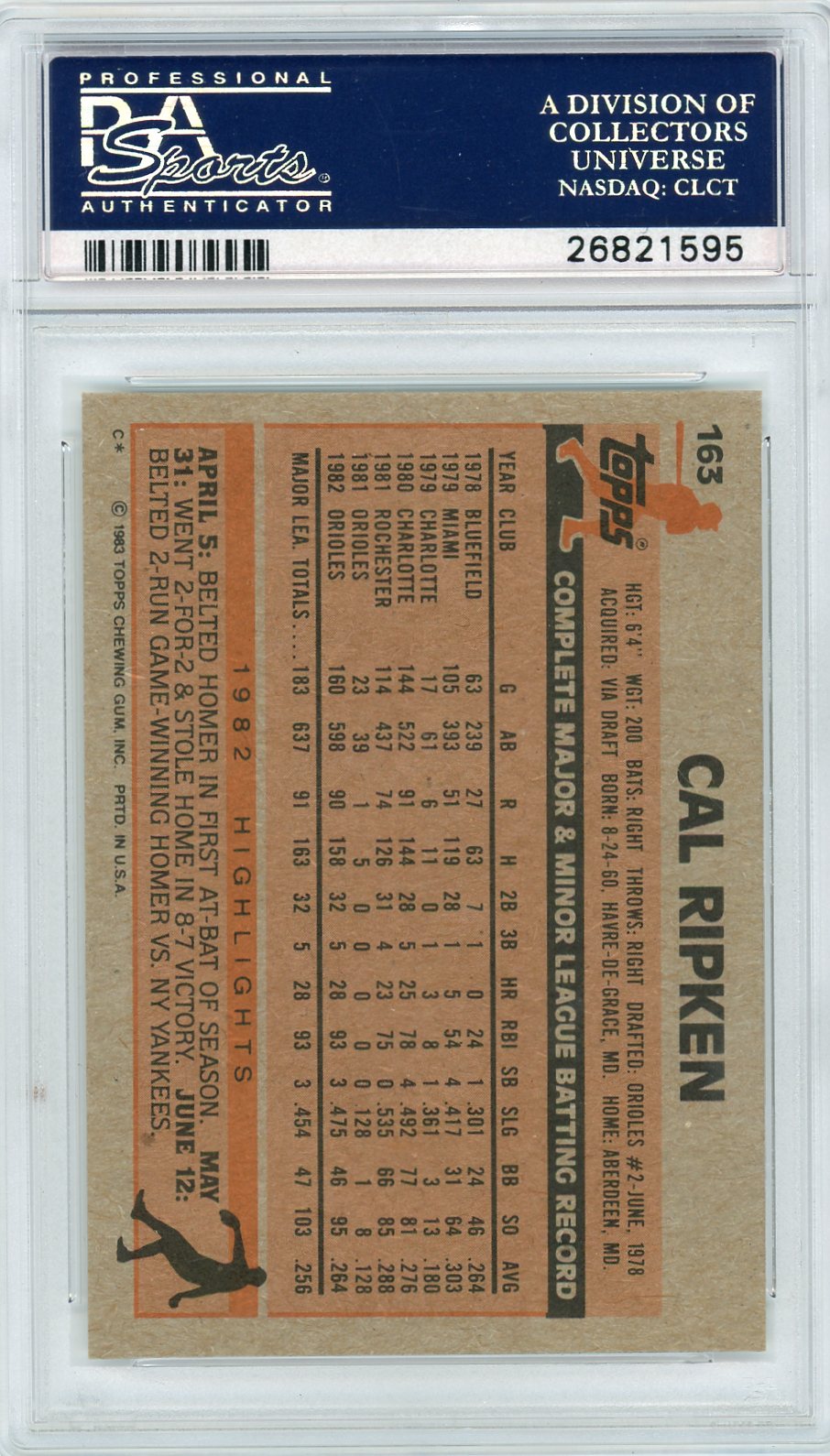 1983 Topps Cal Ripken JR. #163 PSA 10