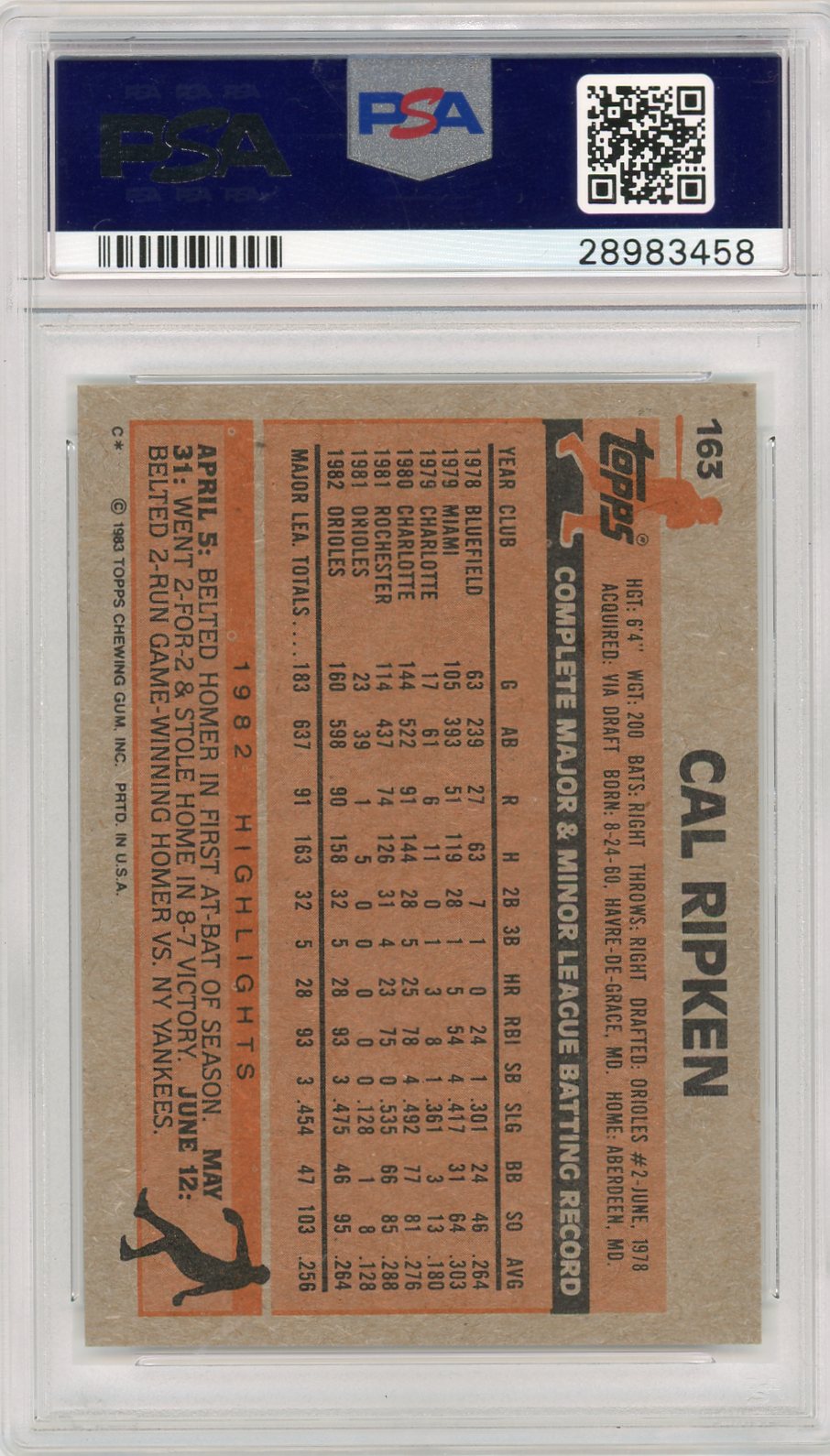 1983 Topps Cal Ripken JR. #163 PSA 10