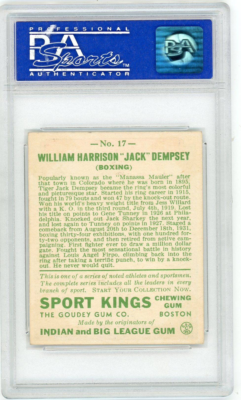 1933 Sport Kings Jack Dempsey #17 Boxing PSA 4