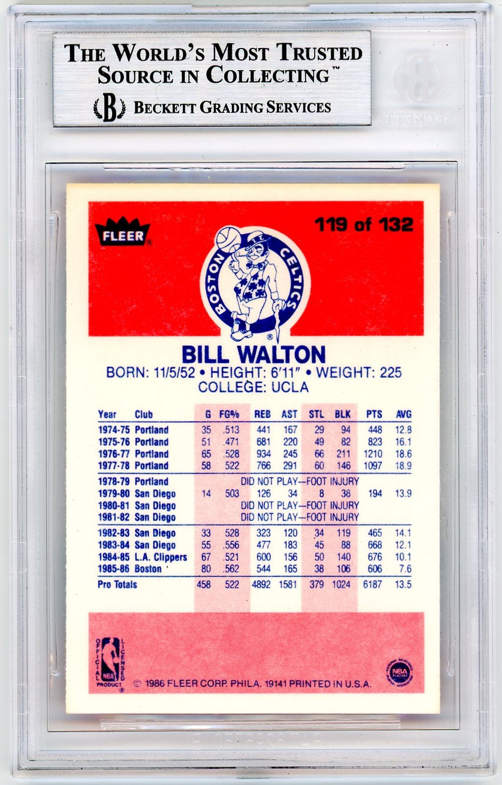 1986 Fleer Bill Walton #119 BGS 9