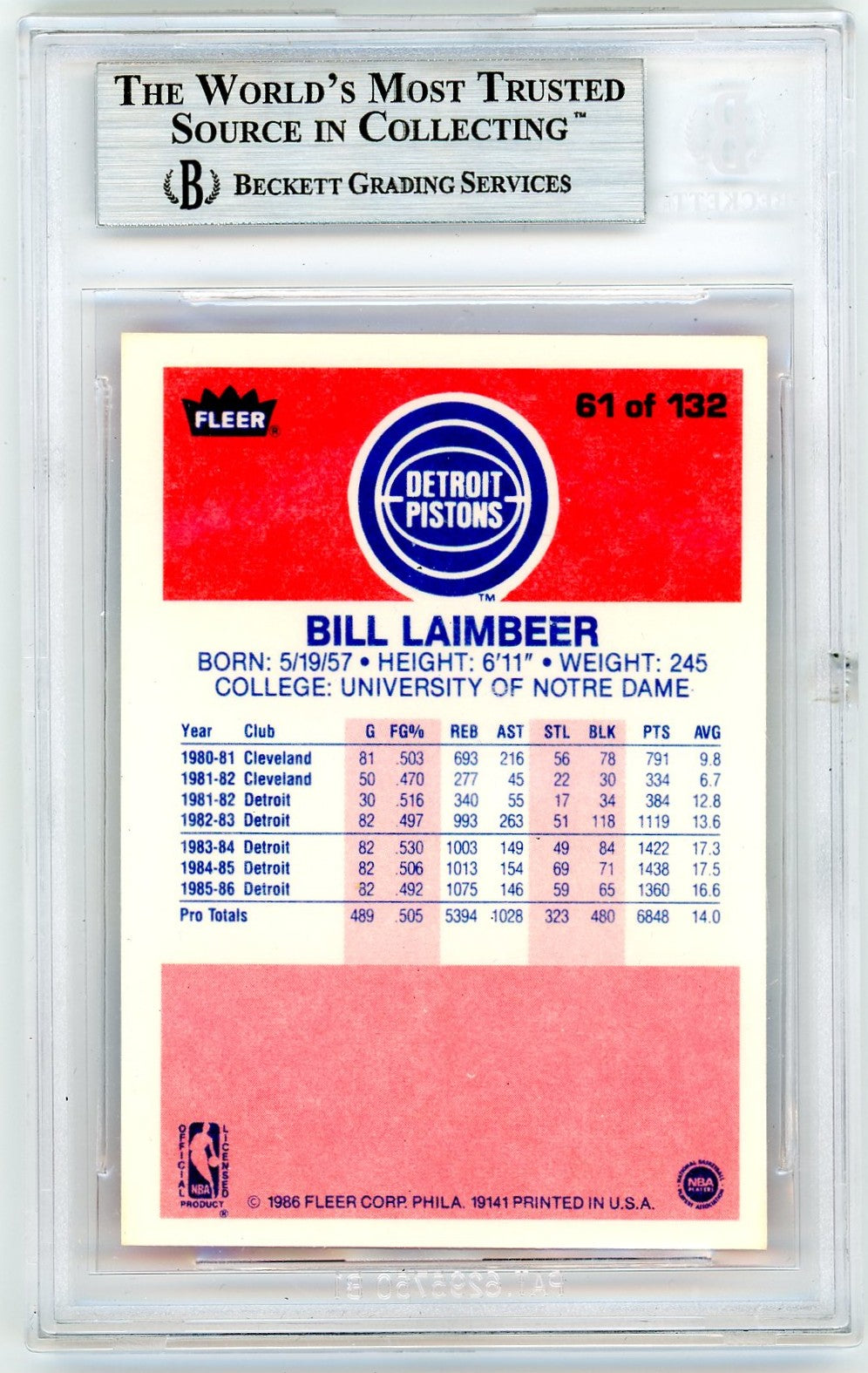 1986 Fleer Bill Laimbeer #61 BGS 9