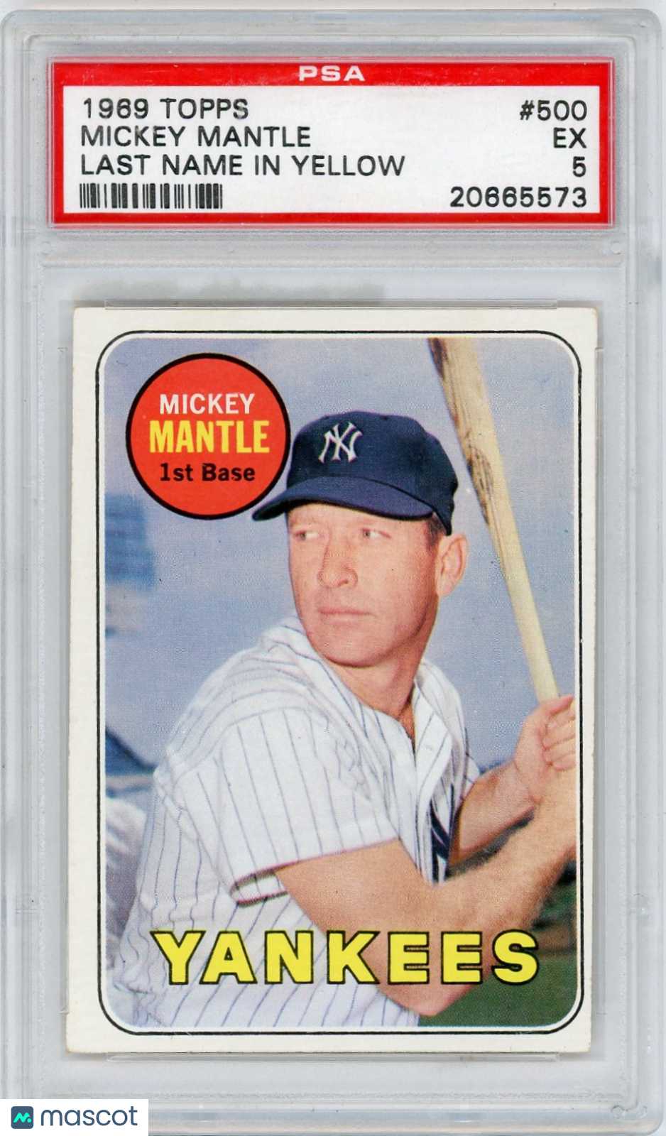 1969 Topps Mickey Mantle #500 Last Name In Yellow PSA 5