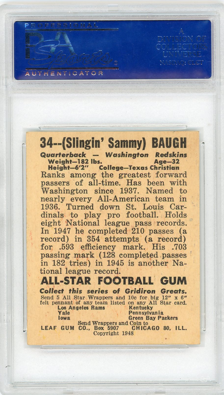 1948 Leaf Sammy Baugh #34 PSA 5