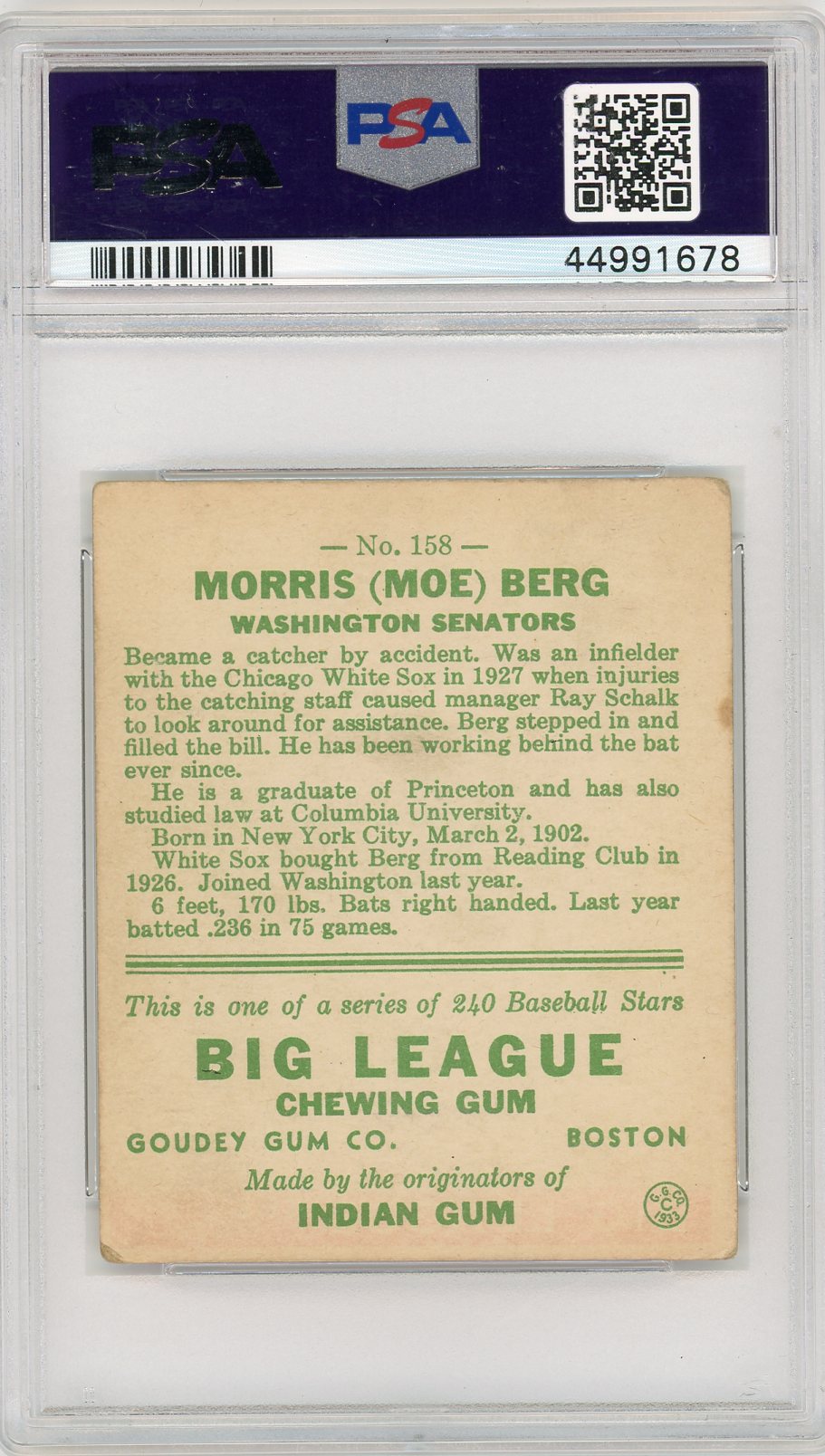1933 Goudey Moe Berg #158 PSA 3