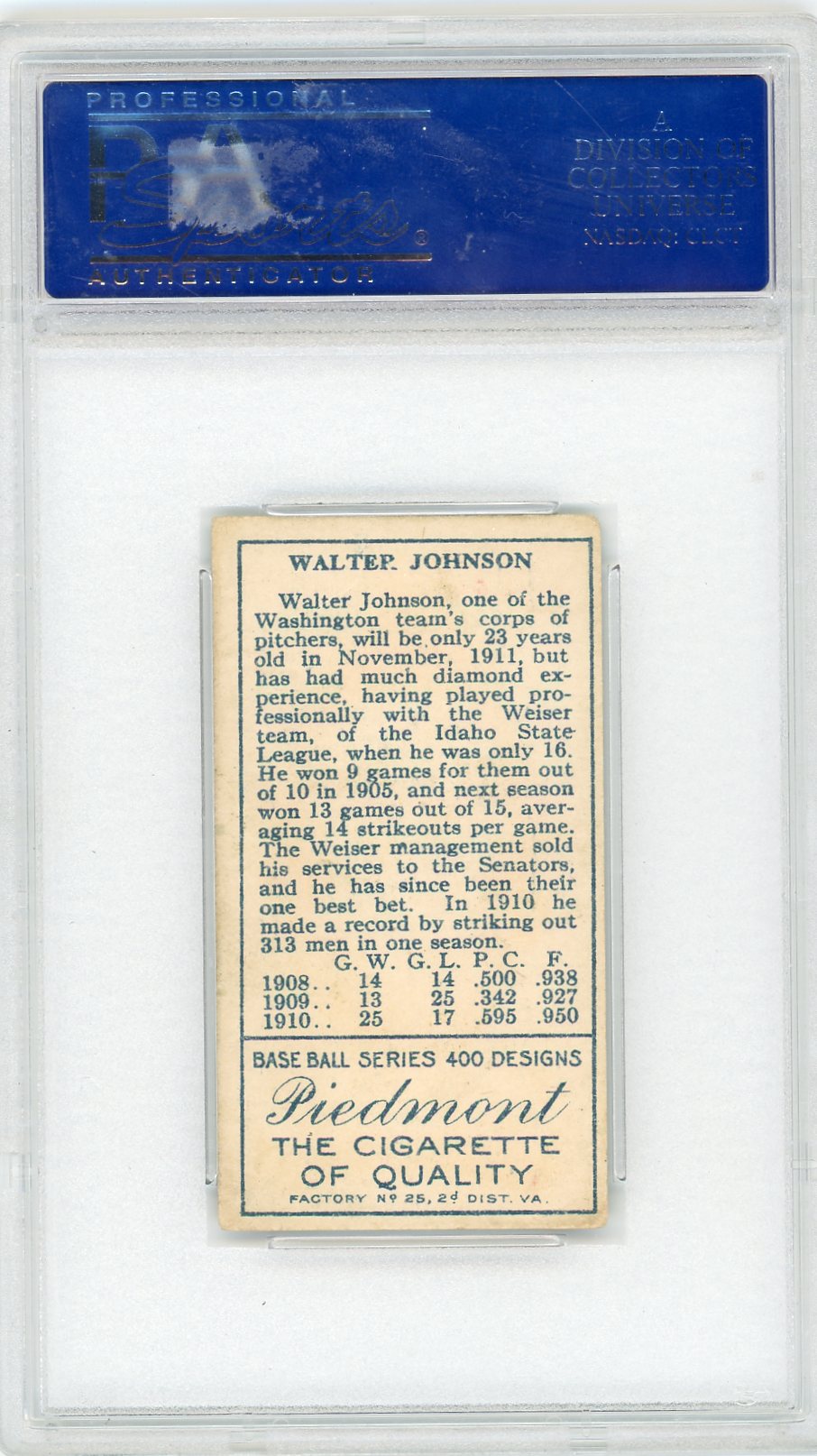 1911 T205 Gold Border Walter Johnson PSA 5