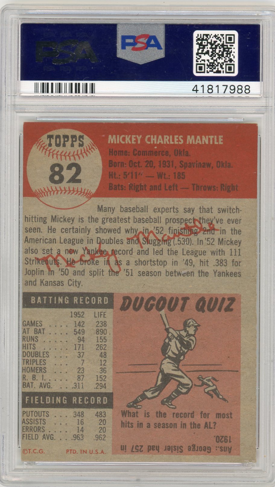 1953 Topps Mickey Mantle #82 PSA 4