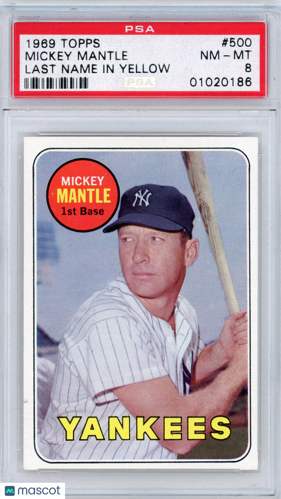 1969 Topps Mickey Mantle #500 Last Name In Yellow PSA 8