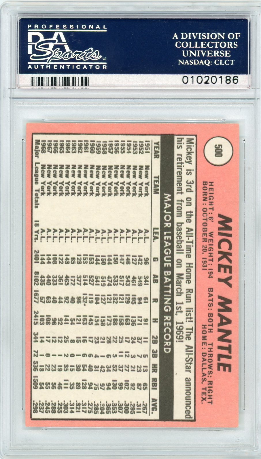 1969 Topps Mickey Mantle #500 Last Name In Yellow PSA 8