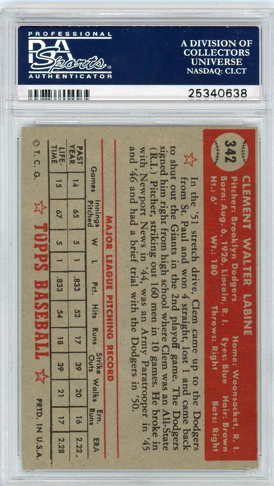 1952 Topps Clem Labine #342 PSA 5.5