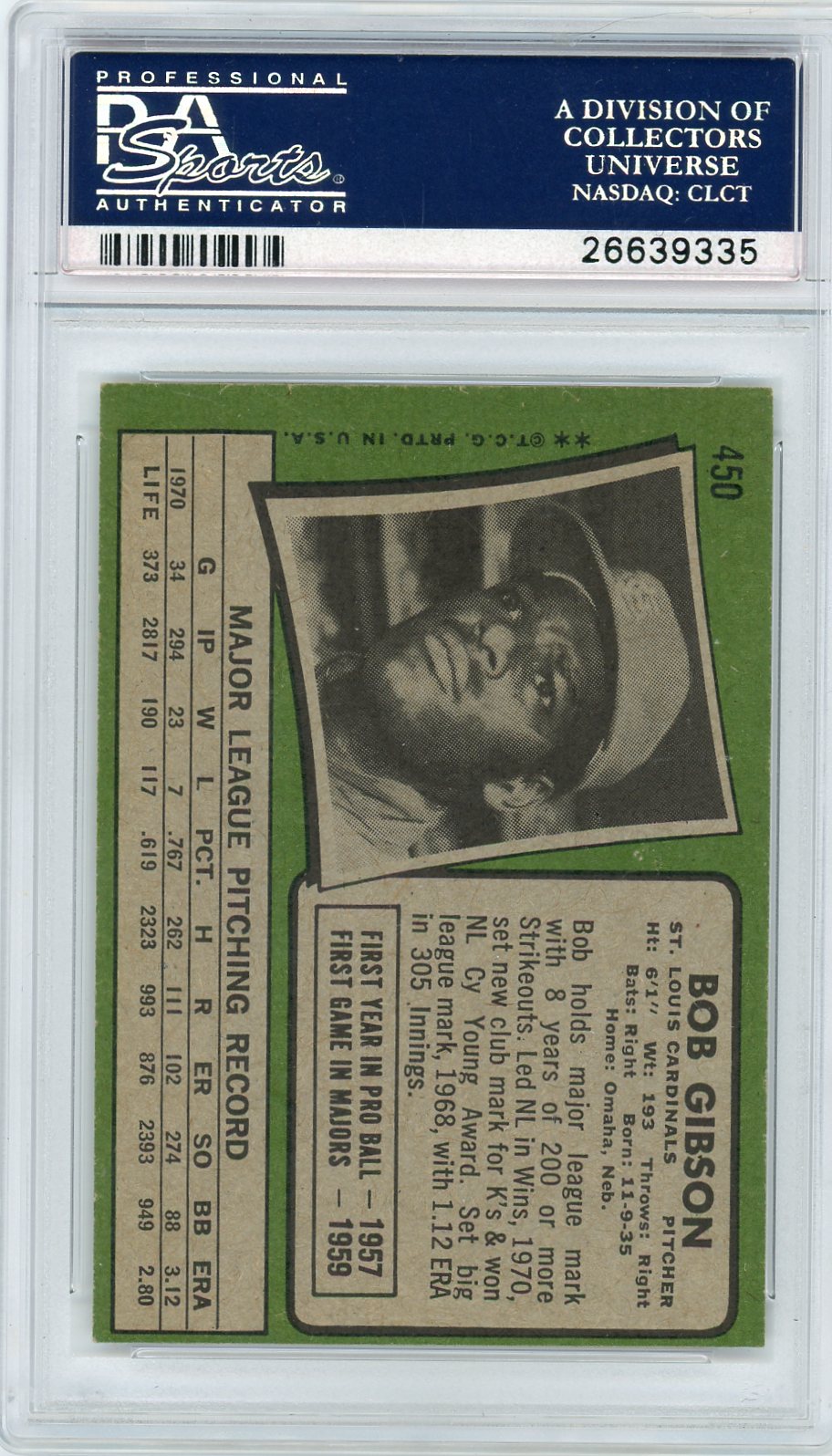 1971 Topps Bob Gibson #450 PSA 8