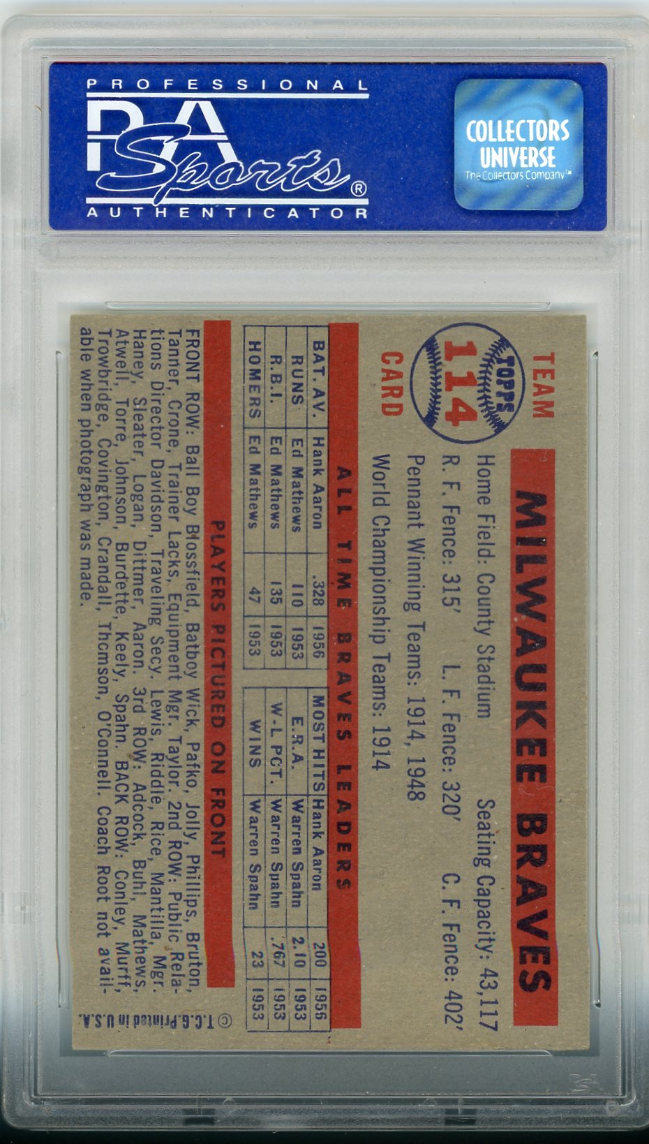1957 Topps Braves Team #114 PSA 7
