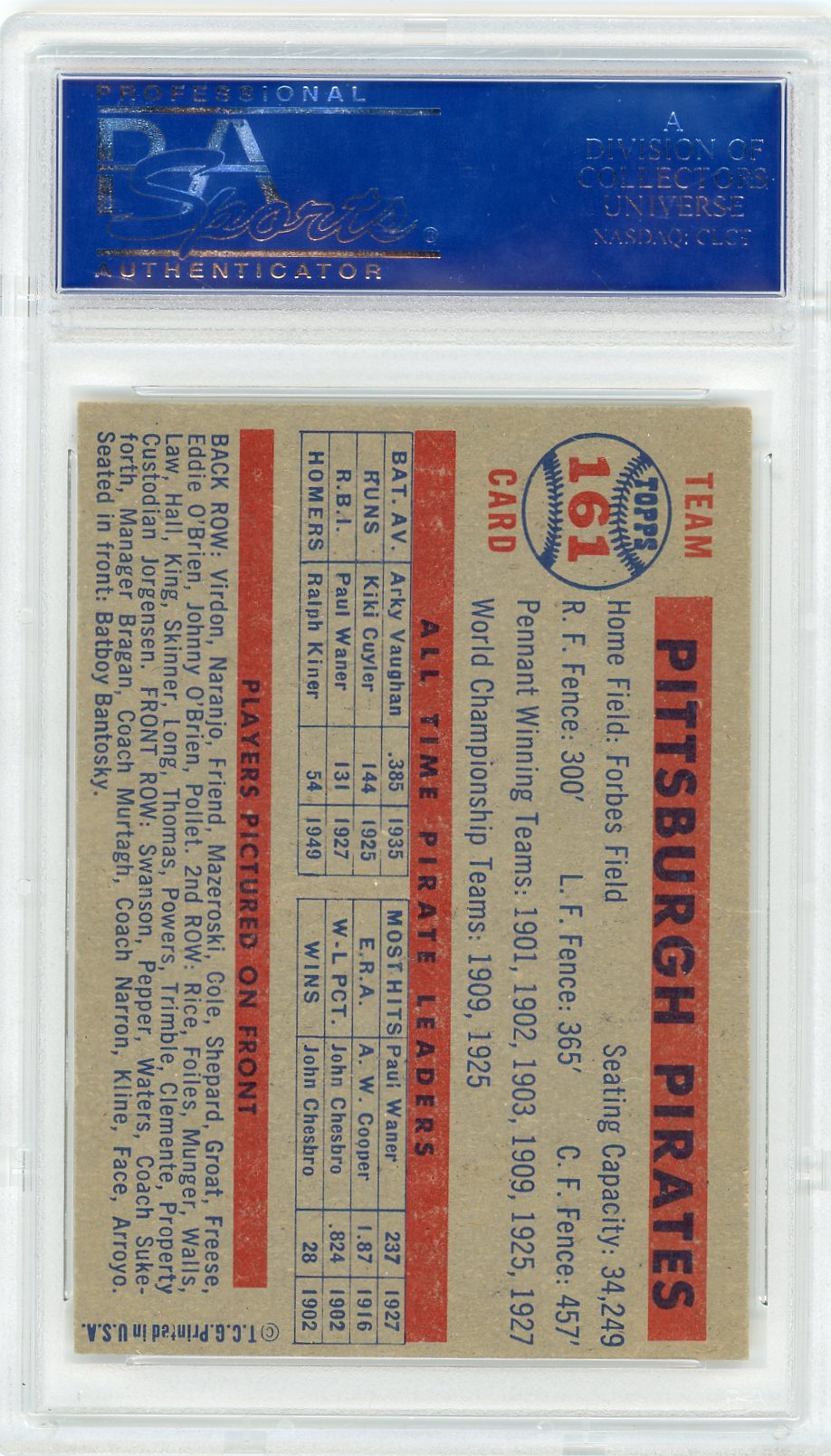 1957 Topps Pirates Team #161 PSA 7