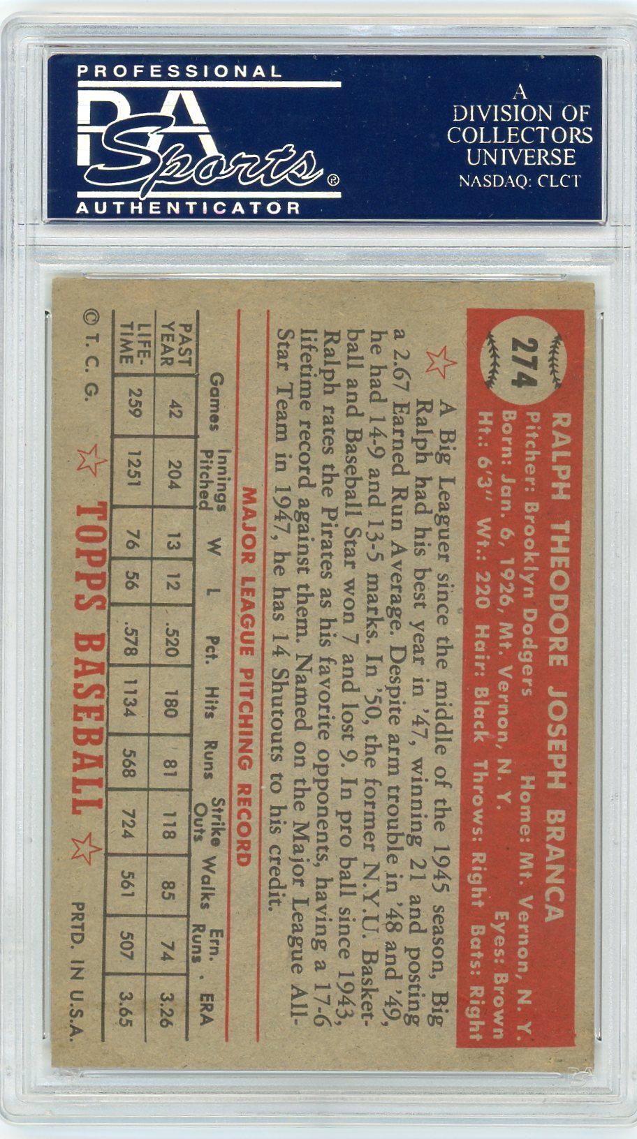 1952 Topps Ralph Branca #274 PSA 6.5