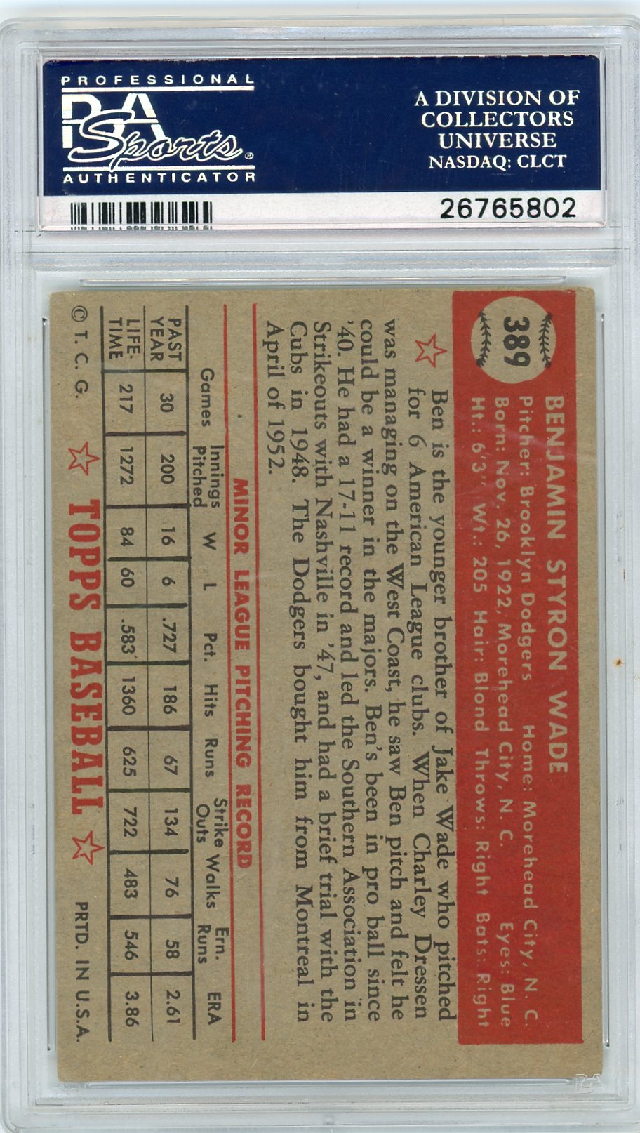 1952 Topps Ben Wade #389 PSA 4