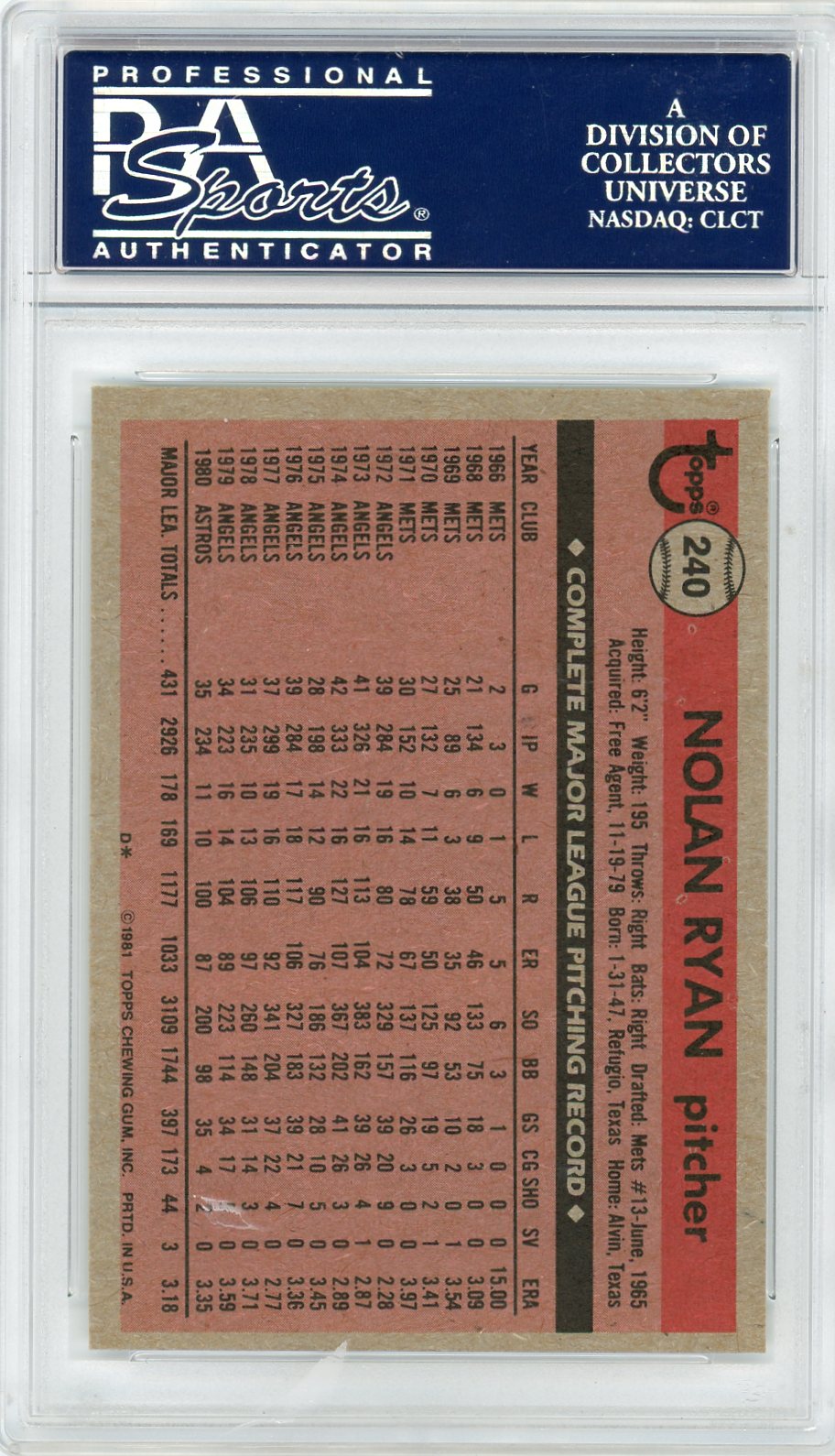 1981 Topps Nolan Ryan #240 PSA 10