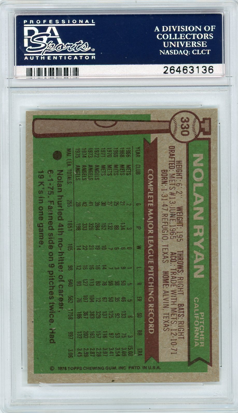 1976 Topps Nolan Ryan #330 PSA 9