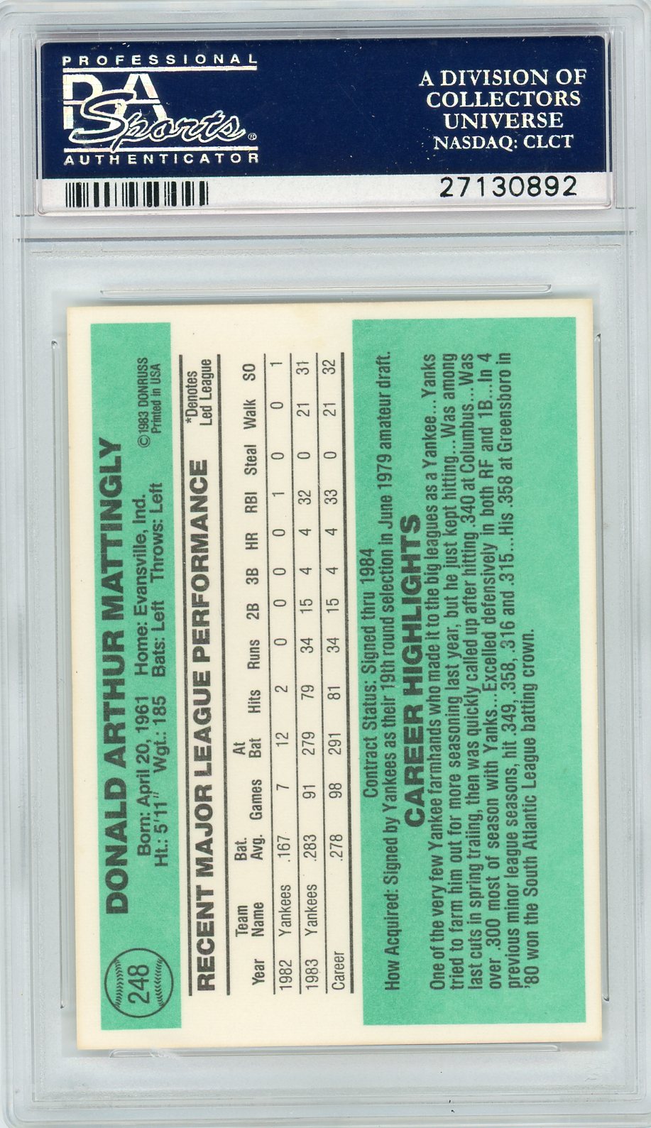 1984 Donruss Don Mattingly #248 PSA 10