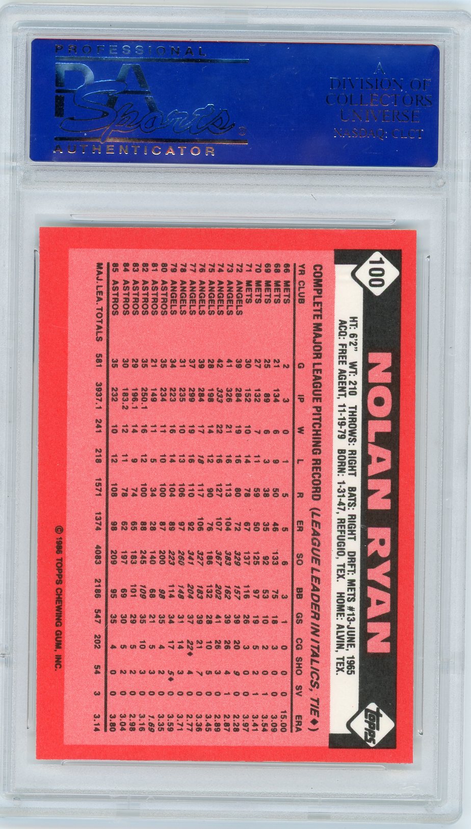 1986 Topps Tiffany Nolan Ryan #100 PSA 10