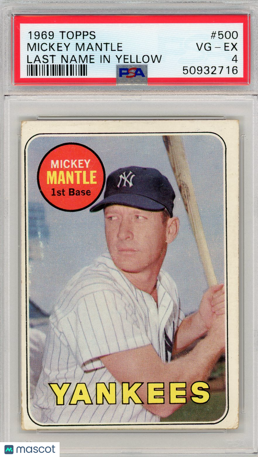 1969 Topps Mickey Mantle #500 Last Name In Yellow PSA 4
