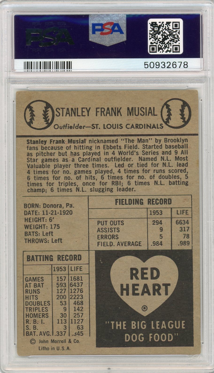 1954 Red Heart Stan Musial PSA 3