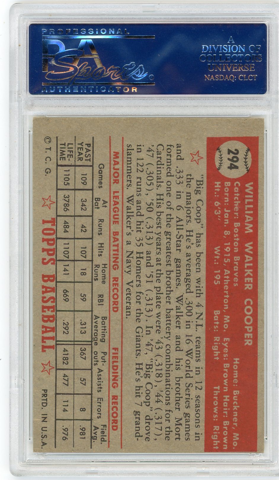 1952 Topps Walker Cooper #294 PSA 6