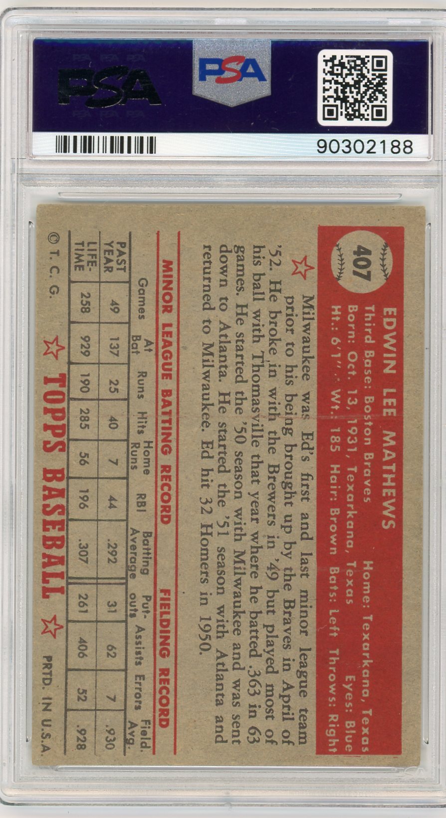 1952 Topps Ed Mathews #407 PSA 3