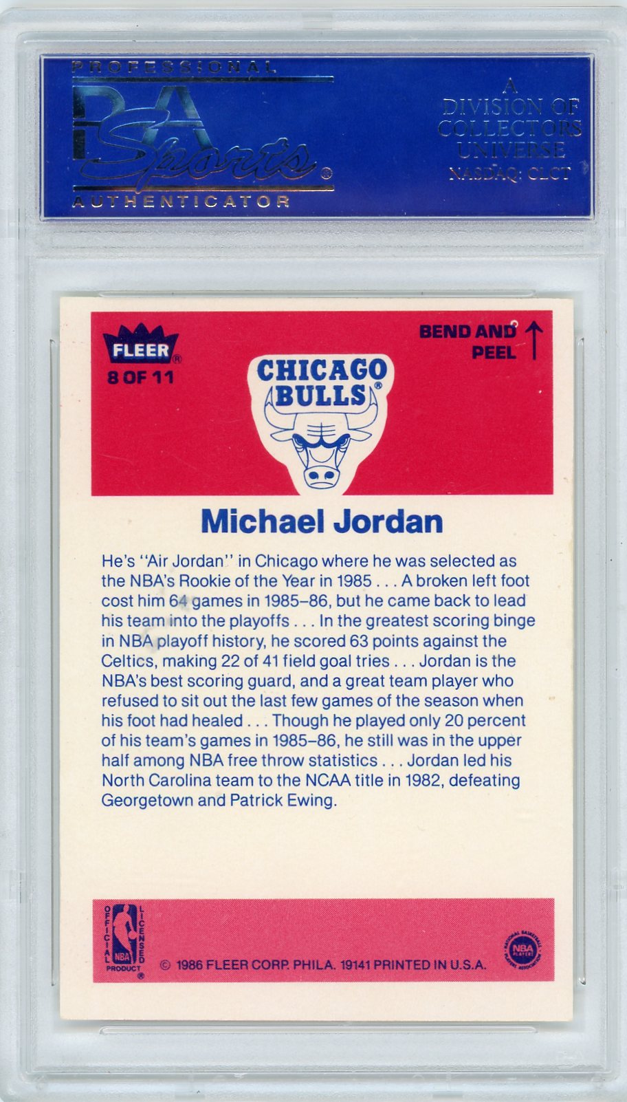 1986 Fleer Sticker Michael Jordan #8 PSA 9 Oc