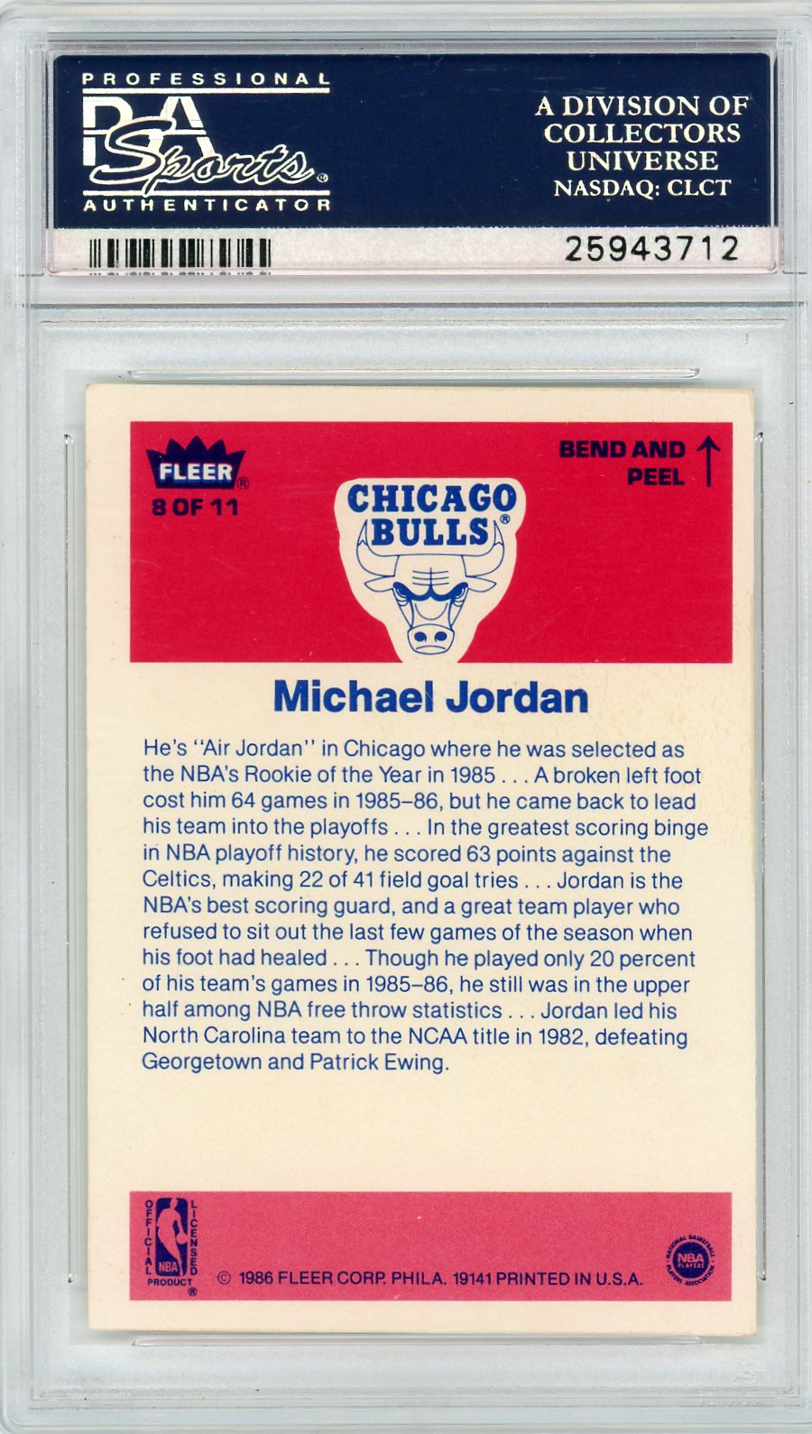 1986 Fleer Sticker Michael Jordan #8 PSA 5