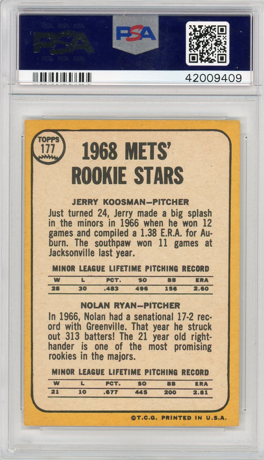 1968 Topps Mets Rookies #177 J. Koosman N. Ryan PSA 7