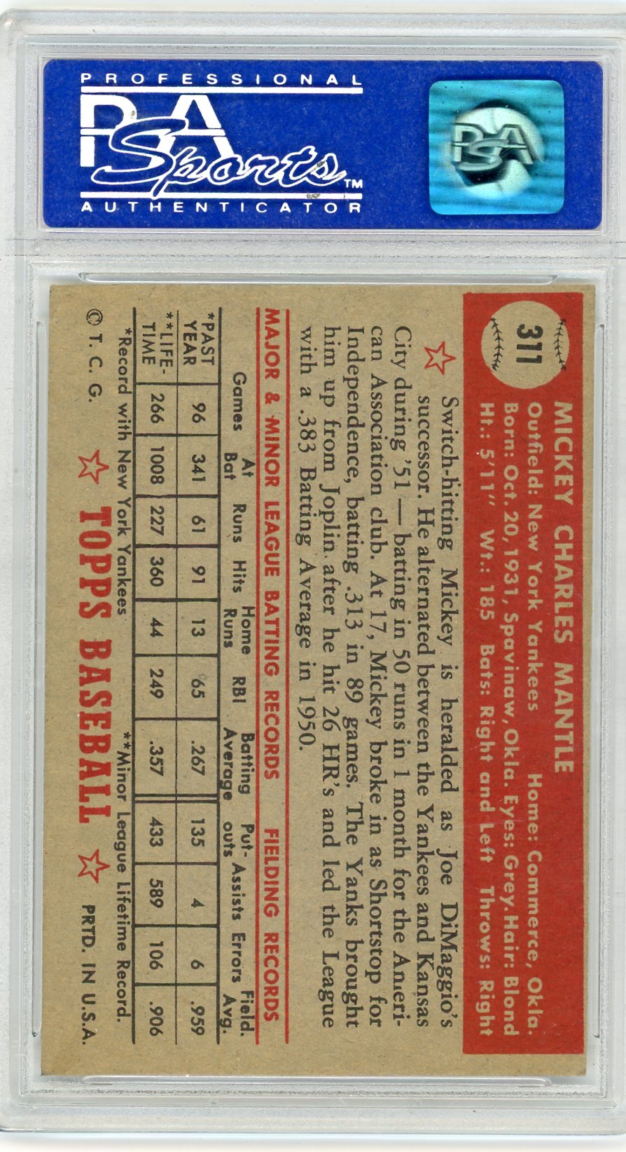 1952 Topps Mickey Mantle #311 PSA 6