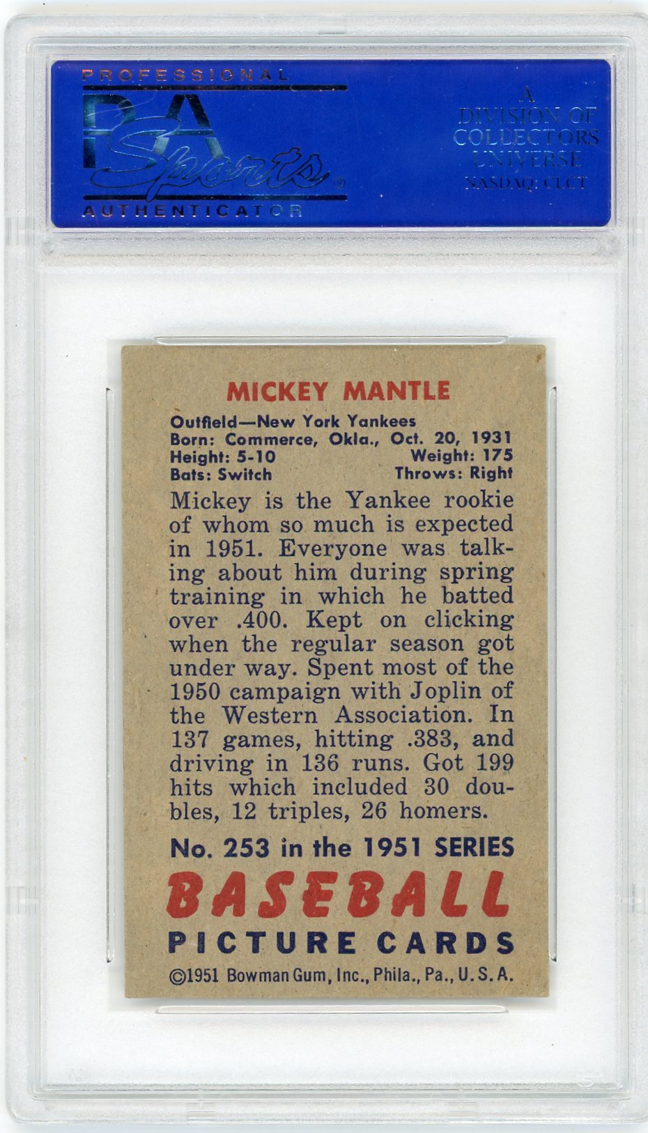 1951 Bowman Mickey Mantle #253 PSA 5