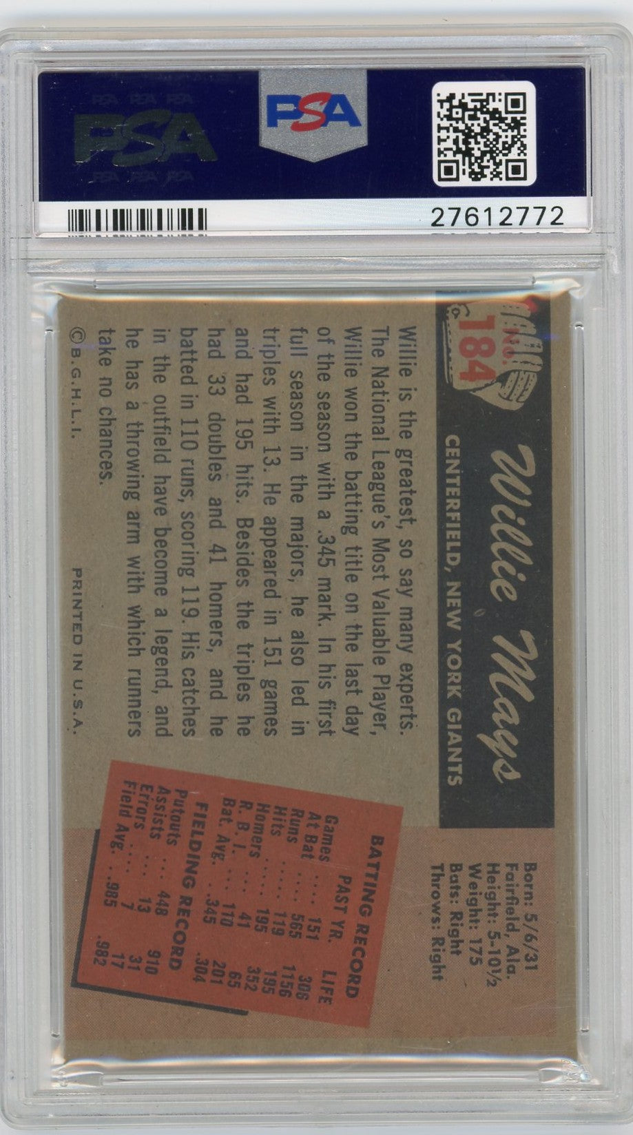 1955 Bowman Willie Mays #184 PSA 6