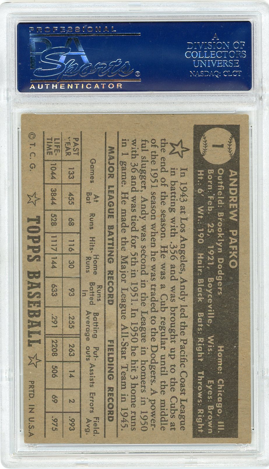 1952 Topps Andy Pafko #1 Black Back PSA 4