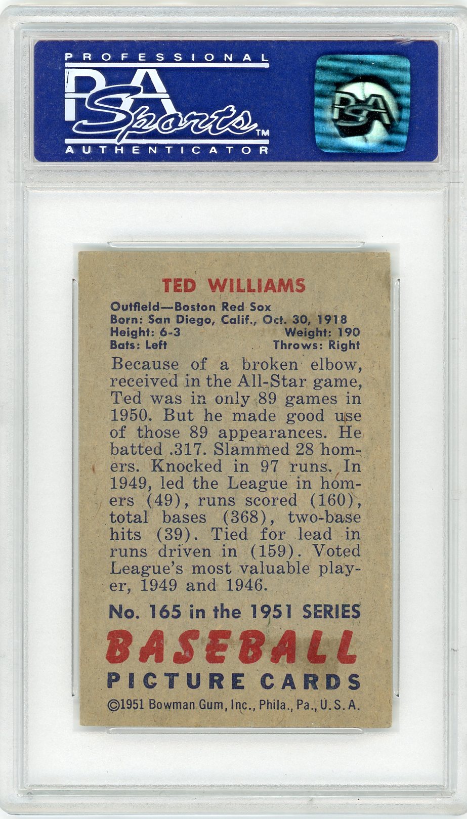 1951 Bowman Ted Williams #165 PSA 6