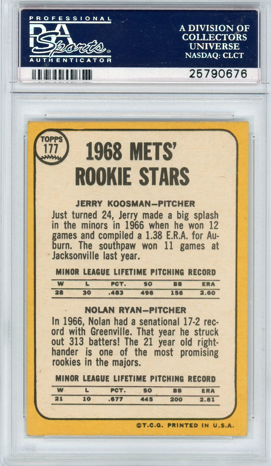 1968 Topps Mets Rookies #177 J. Koosman N. Ryan PSA 7