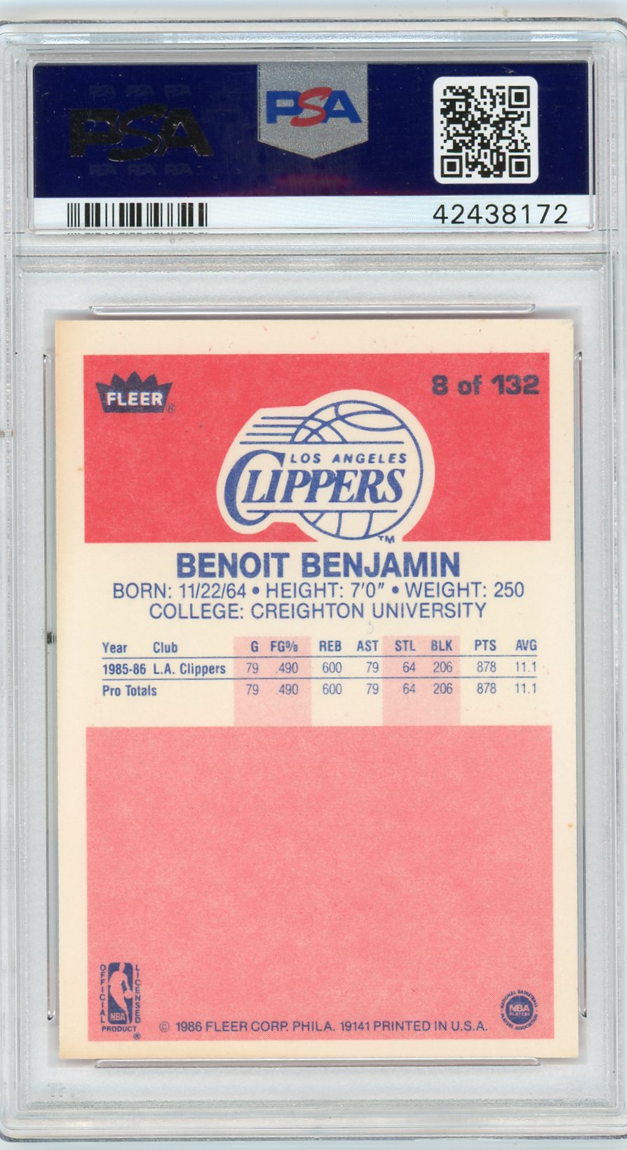 1986 Fleer Benoit Benjamin #8 PSA 9