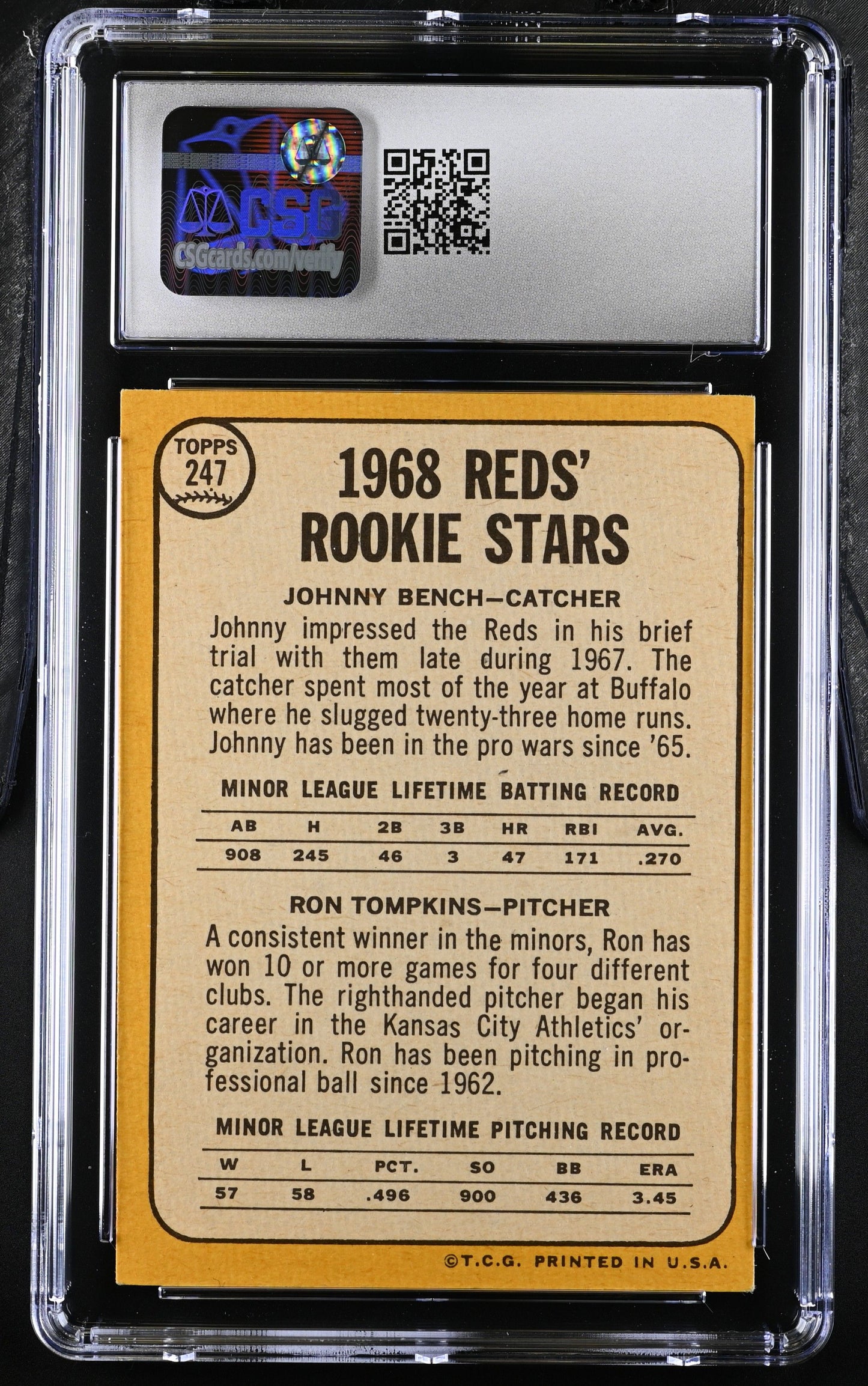 1968 TOPPS '68 REDS ROOKIE STARS JOHNNY BENCH/RON TOMPKINS #247 CSG 8