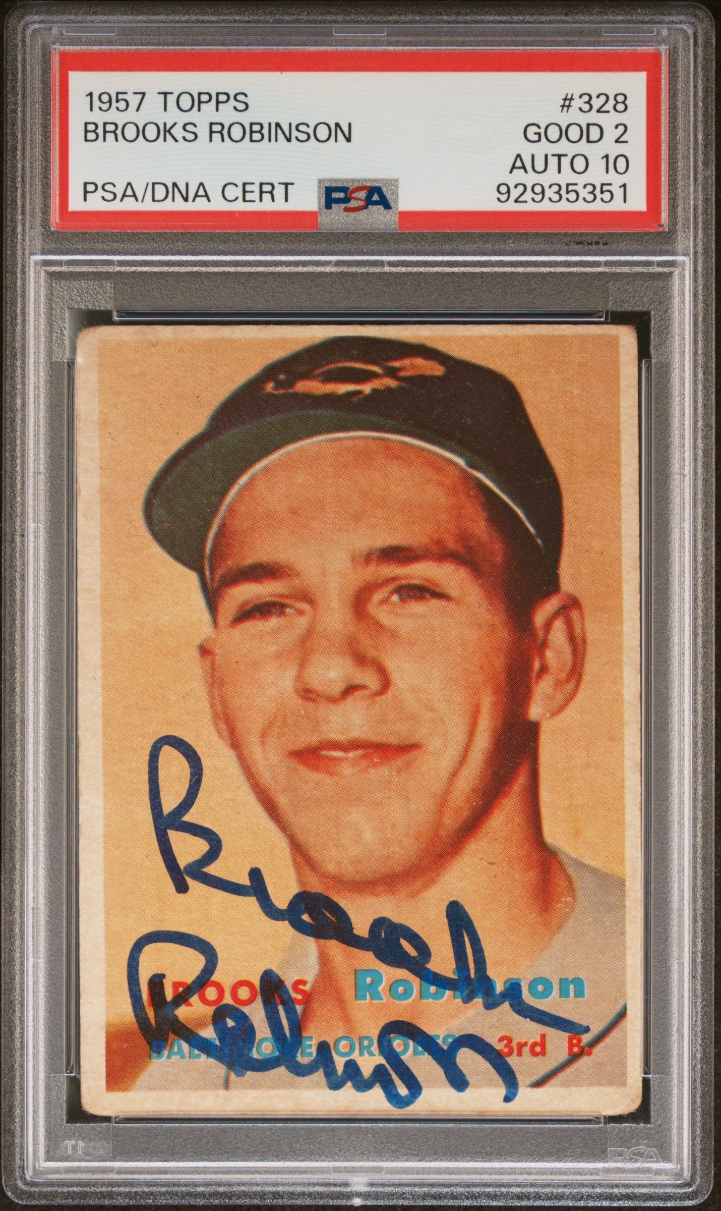 1957 TOPPS BROOKS ROBINSON #328 PSA/DNA 2 AUTO 10