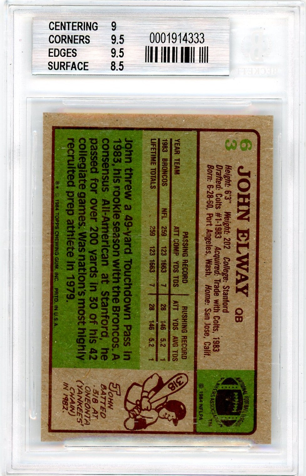 1984 Topps John Elway #63 BGS 9