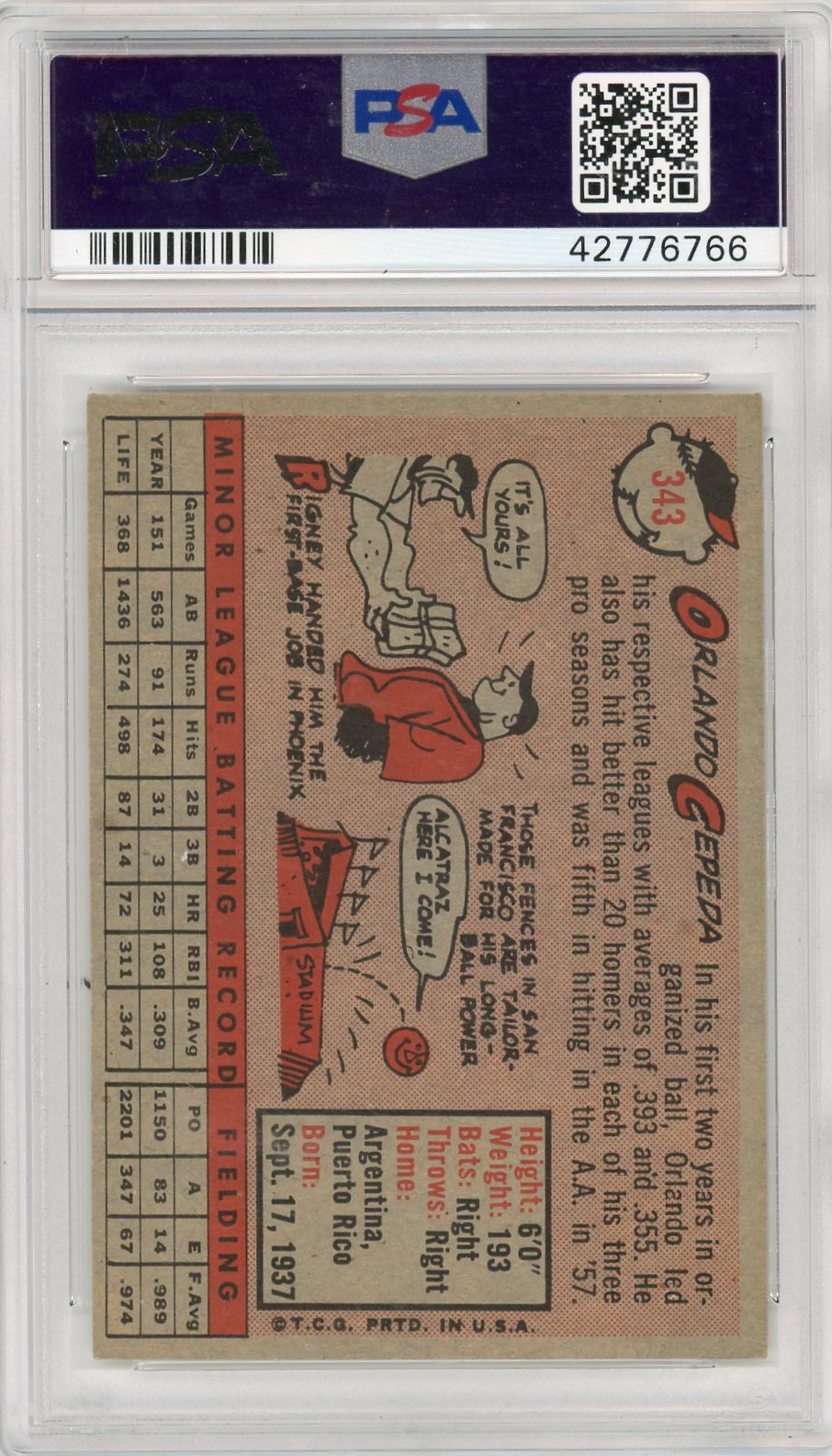 1958 Topps Orlando Cepeda #343 PSA 6 Auto Authentic