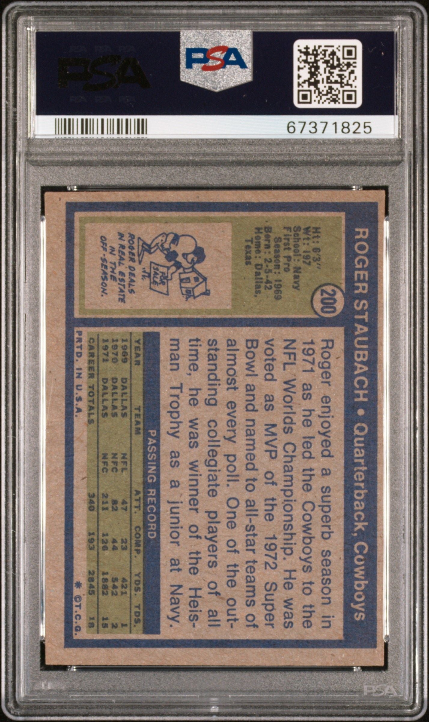 1972 TOPPS ROGER STAUBACH #200 PSA AUTHENTIC AUTO 10