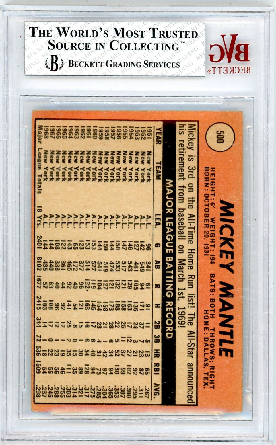 1969 Topps Mantle #500A BVG 4.5