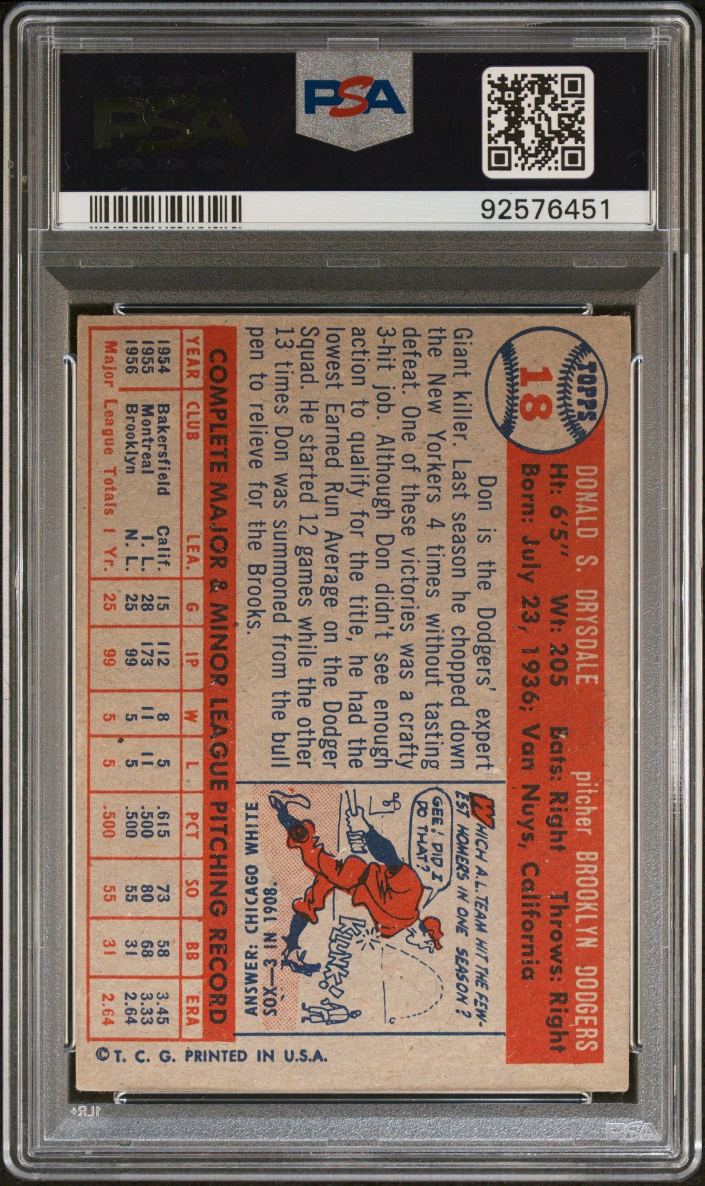 1957 TOPPS DON DRYSDALE #18 PSA 3 AUTO 8