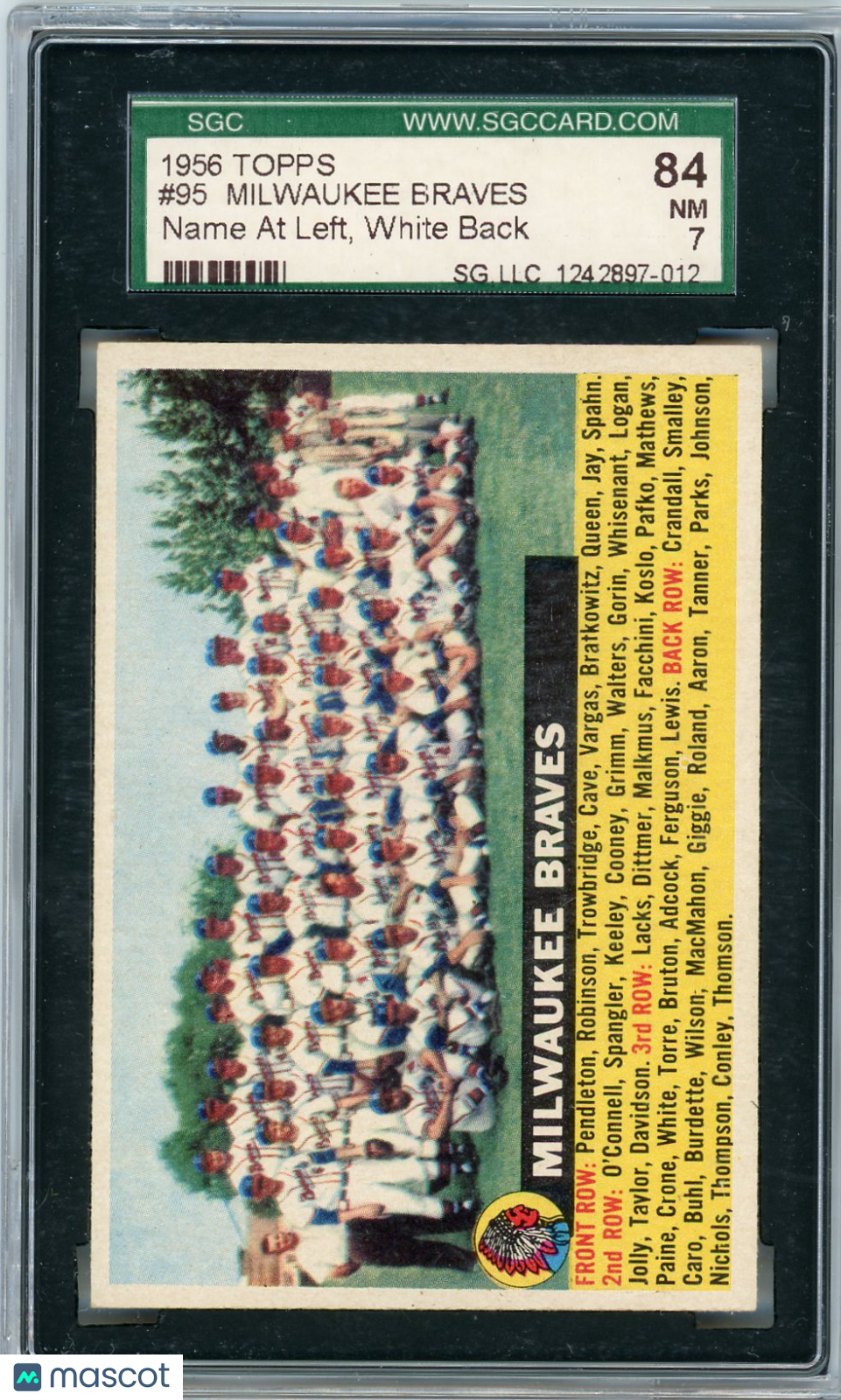 1956 Topps Milwaukee Braves #95 White Back, Name At Left SGC 7