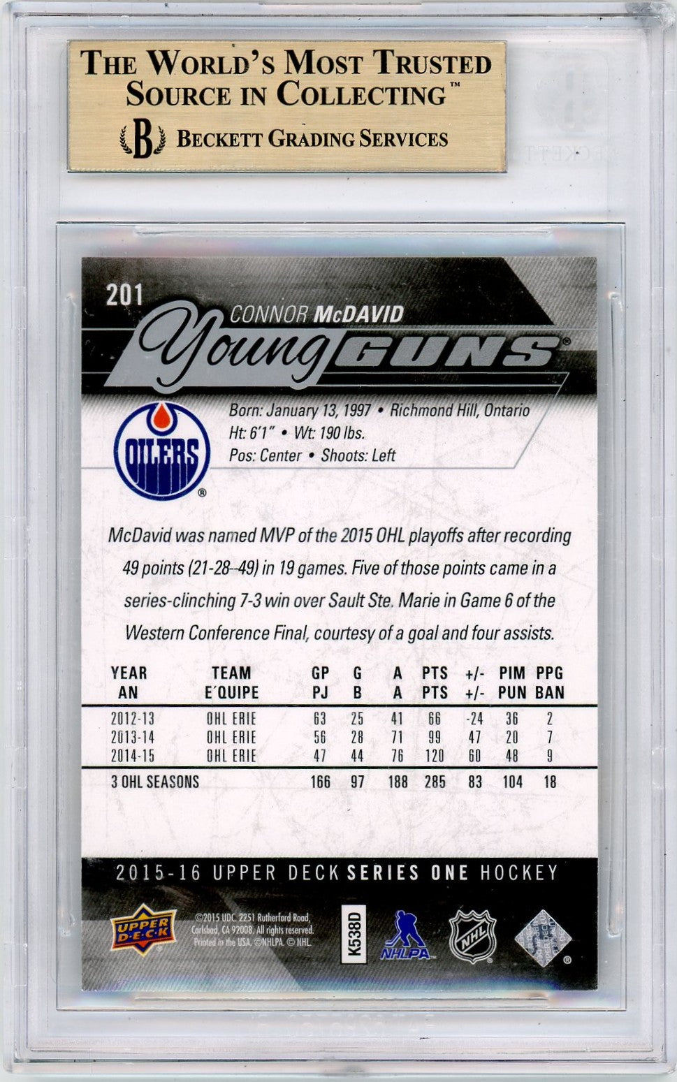 2015 Upper Deck Connor McDavid YG #201 BGS 9.5 Rookie