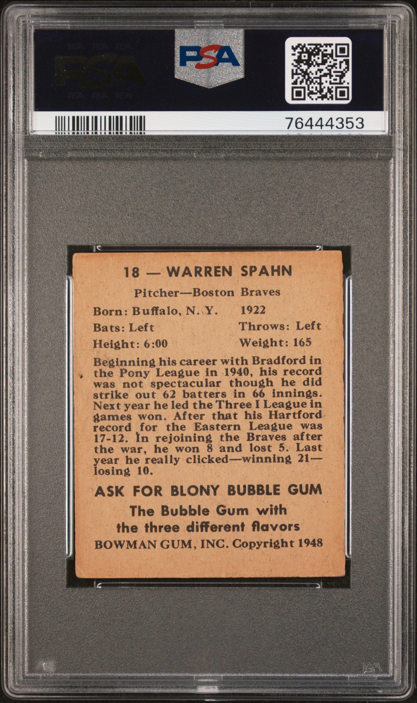 1948 BOWMAN WARREN SPAHN #18 PSA 3.5