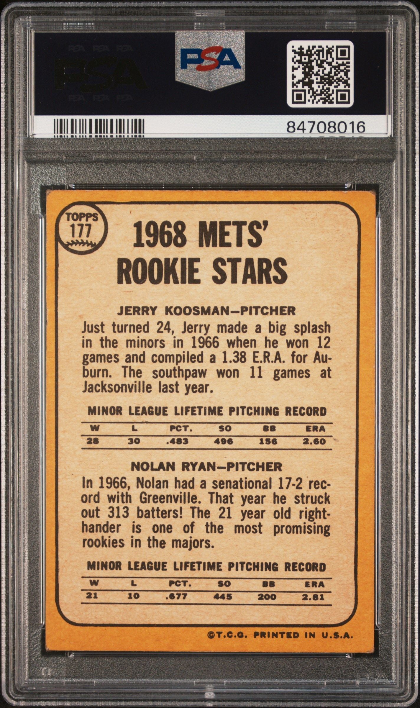 1968 TOPPS METS ROOKIES J.KOOSMAN/N.RYAN #177 PSA 4