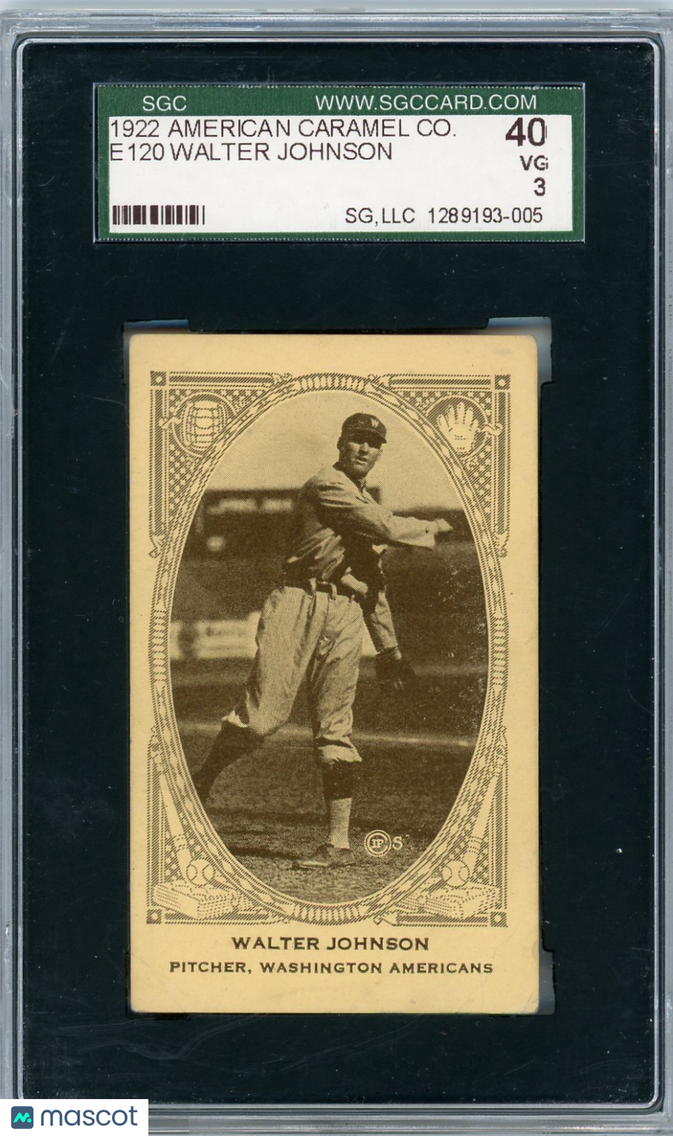 1922 American Caramel Co. E120 Walter Johnson SGC 3