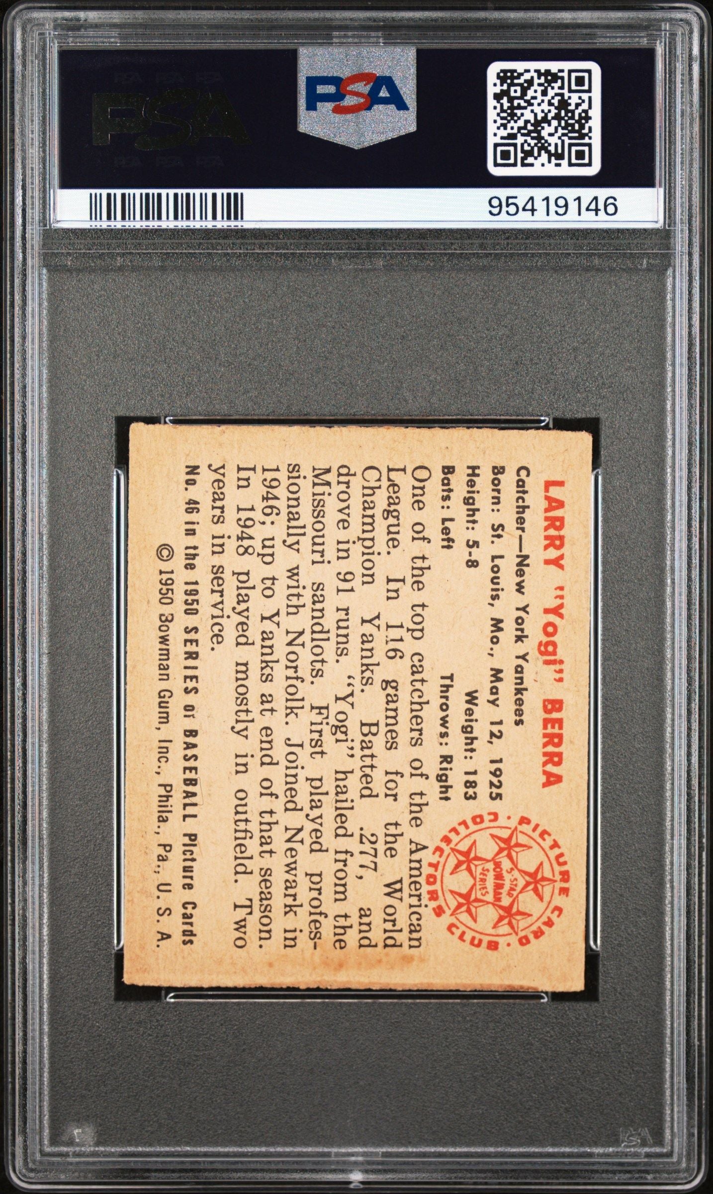 1950 BOWMAN YOGI BERRA #46 PSA 5