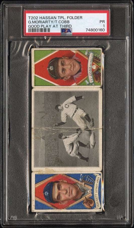 1912 G.MORIARTY/T.COBB T202 HASSAN TRIPLE FOLDER GOOD PLAY AT THIRD PSA 1